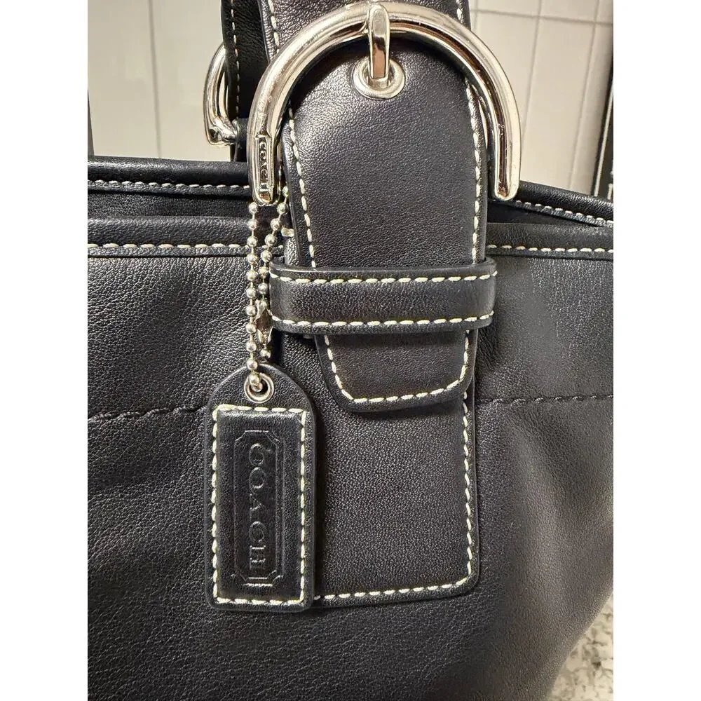 Y2K Vintage Coach Black Leather Tote Cream Stitch Hangtag 9544